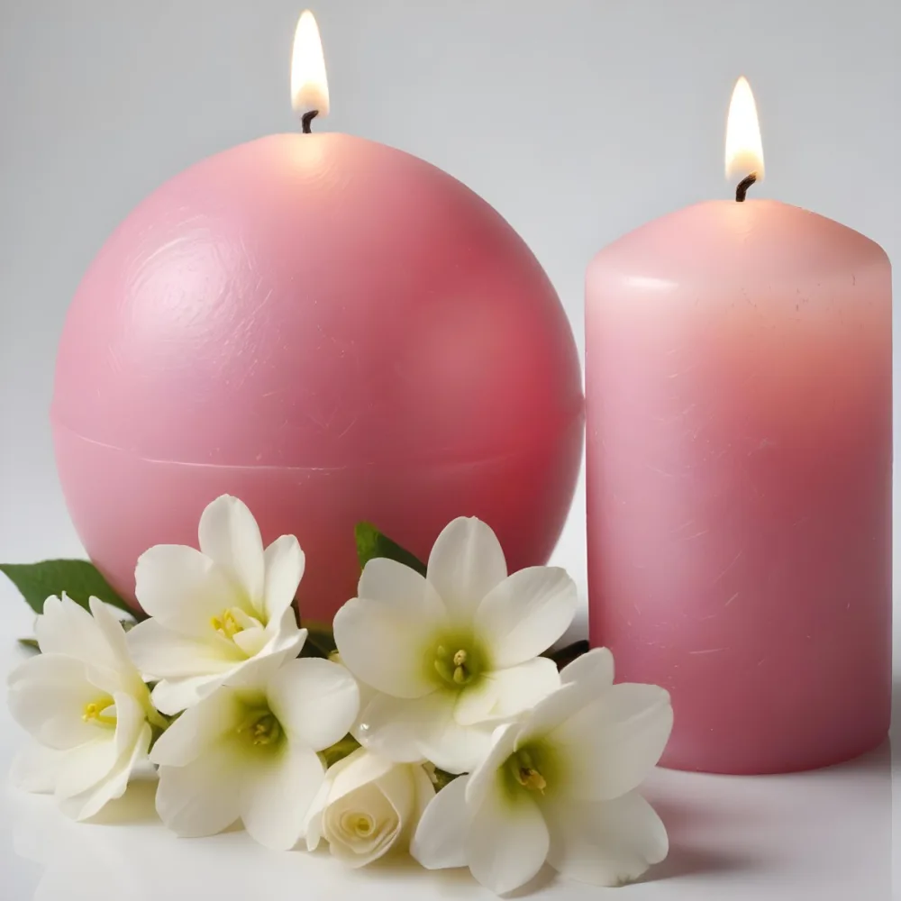 Two White Candles With White Flowers In A White Background One Candle Is Spherical And The Other Is Cylindrical 9 Db95