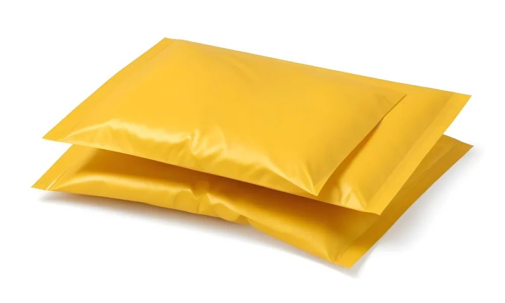 Two Yellow Bubble Mailers Stacked On Top Of Each Other The Top One Slightly Overlapping The Bottom One On A White Background 5 0f7e