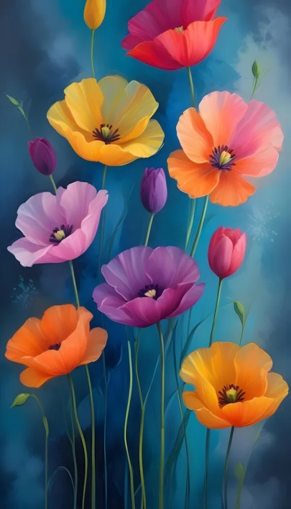 Vibrant And Colorful Flowers Including Pink Purple And Orange Poppies Or Similar Blooms Against A Dark Blue Background 14 C972