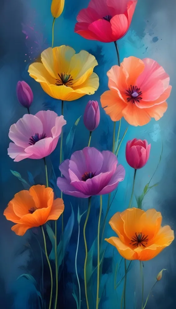 Vibrant And Colorful Flowers Including Pink Purple And Orange Poppies Or Similar Blooms Against A Dark Blue Background 18 6770