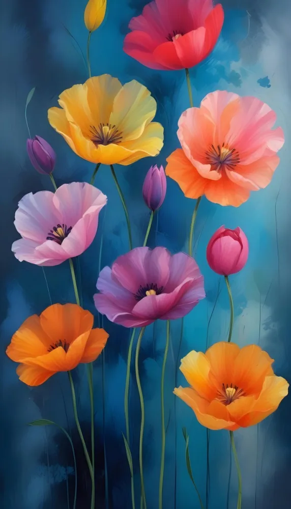 Vibrant And Colorful Flowers Including Pink Purple And Orange Poppies Or Similar Blooms Against A Dark Blue Background 27 2cc1