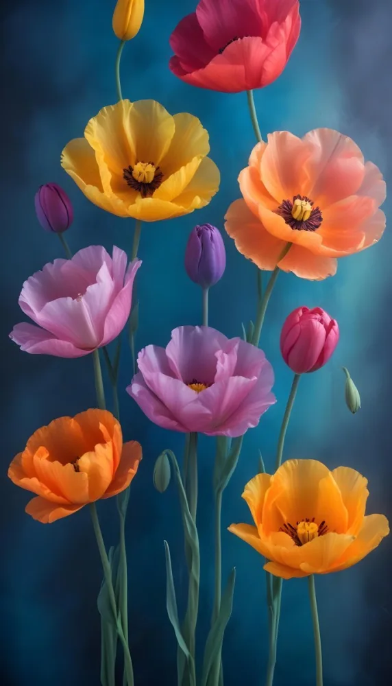 Vibrant And Colorful Flowers Including Pink Purple And Orange Poppies Or Similar Blooms Against A Dark Blue Background 48 4e92