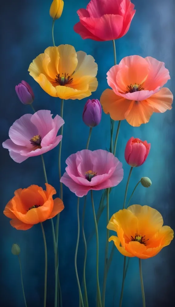 Vibrant And Colorful Flowers Including Pink Purple And Orange Poppies Or Similar Blooms Against A Dark Blue Background 50 Fde8