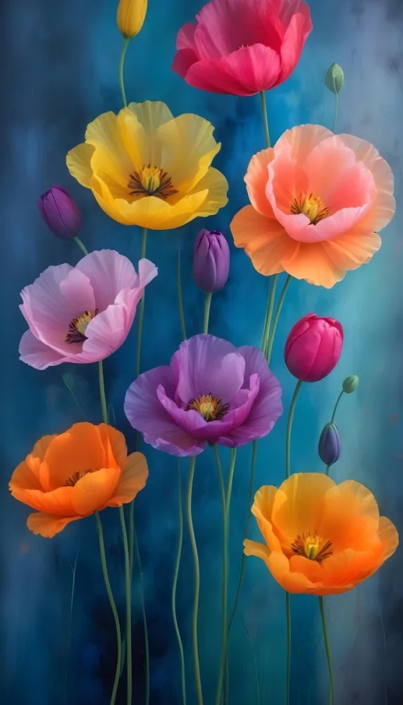 Vibrant And Colorful Flowers Including Pink Purple And Orange Poppies Or Similar Blooms Against A Dark Blue Background 54 01c7