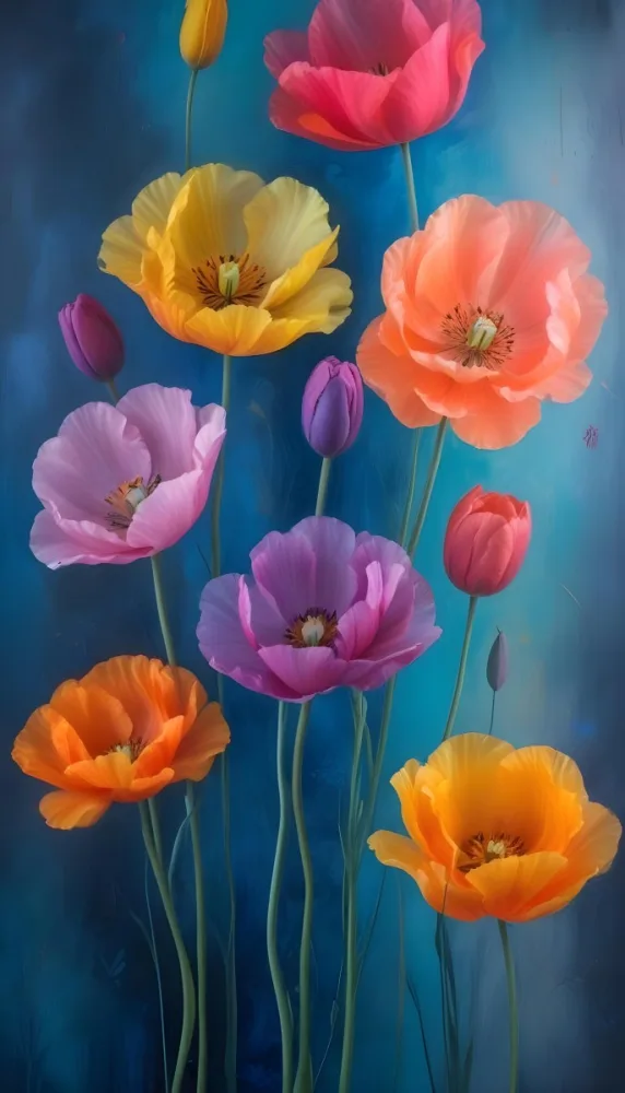 Vibrant And Colorful Flowers Including Pink Purple And Orange Poppies Or Similar Blooms Against A Dark Blue Background 55 C9cc