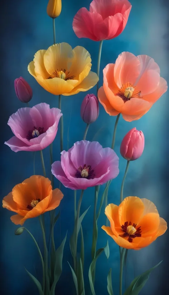 Vibrant And Colorful Flowers Including Pink Purple And Orange Poppies Or Similar Blooms Against A Dark Blue Background 59 C802