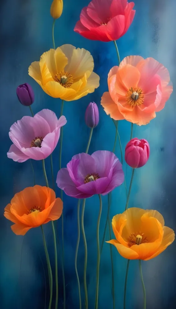Vibrant And Colorful Flowers Including Pink Purple And Orange Poppies Or Similar Blooms Against A Dark Blue Background 61 8297