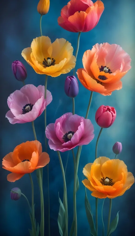 Vibrant And Colorful Flowers Including Pink Purple And Orange Poppies Or Similar Blooms Against A Dark Blue Background 65 0653
