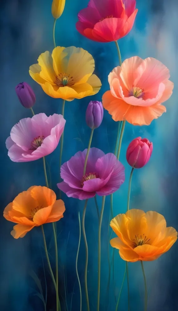 Vibrant And Colorful Flowers Including Pink Purple And Orange Poppies Or Similar Blooms Against A Dark Blue Background 67 5e3b