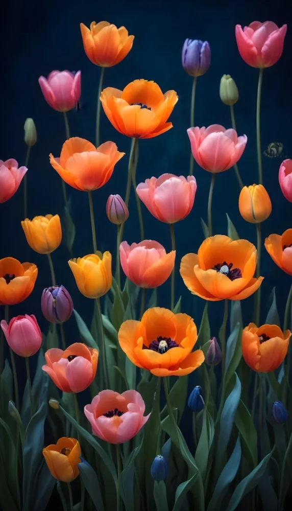 Vibrant And Colorful Flowers Including Pink Purple And Orange Poppies Or Similar Blooms Against A Dark Blue Background 74 C854