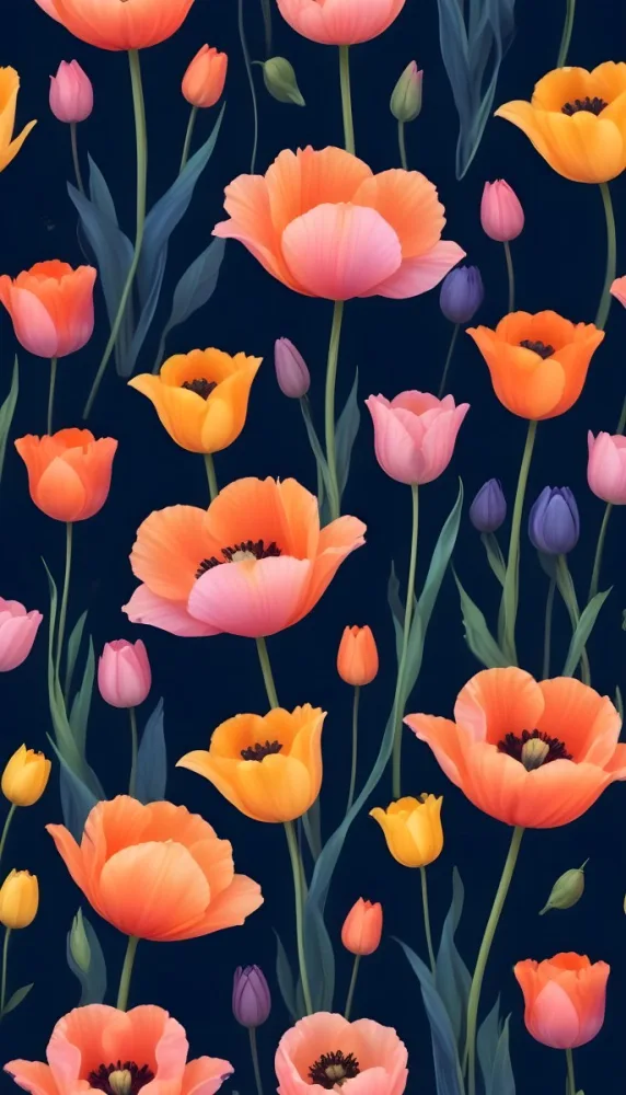 Vibrant And Colorful Flowers Including Pink Purple And Orange Poppies Or Similar Blooms Against A Dark Blue Background 78 F690