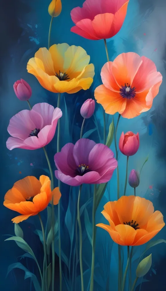 Vibrant And Colorful Flowers Including Pink Purple And Orange Poppies Or Similar Blooms Against A Dark Blue Background 8 B853