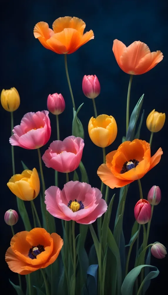 Vibrant And Colorful Flowers Including Pink Purple And Orange Poppies Or Similar Blooms Against A Dark Blue Background 88 2799