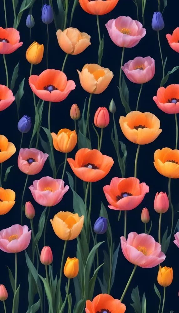 Vibrant And Colorful Flowers Including Pink Purple And Orange Poppies Or Similar Blooms Against A Dark Blue Background 89 8c13