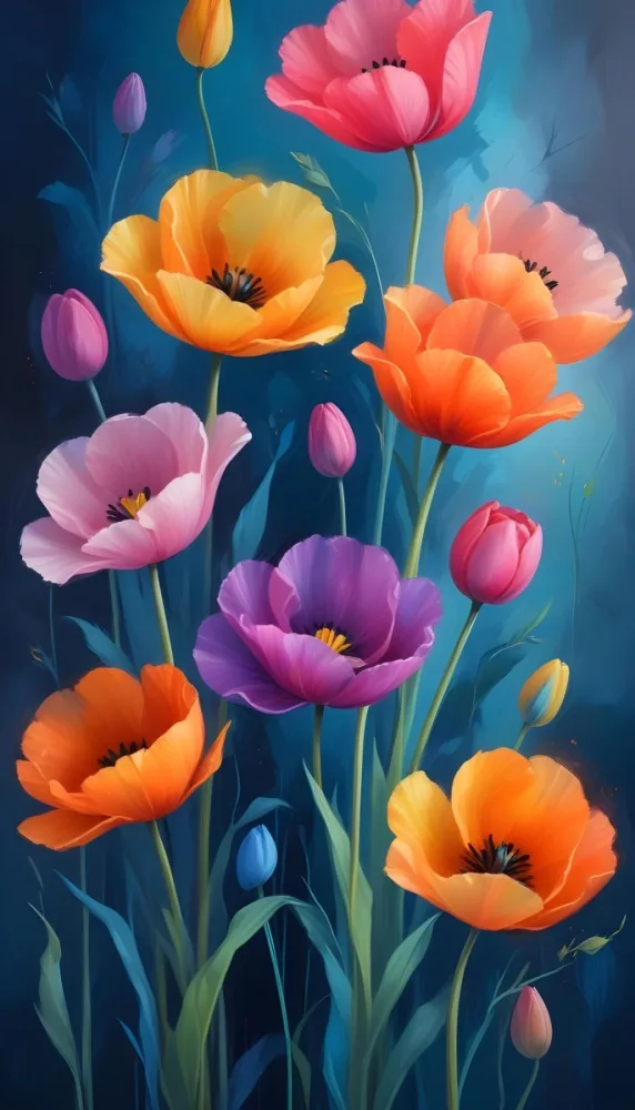 Vibrant And Colorful Flowers Including Pink Purple And Orange Poppies Or Similar Blooms Against A Dark Blue Background 9 4f21