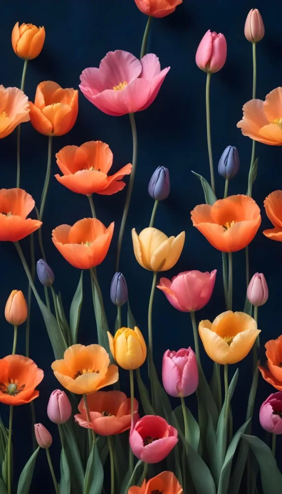 Vibrant And Colorful Flowers Including Pink Purple And Orange Poppies Or Similar Blooms Against A Dark Blue Background 90 3eeb