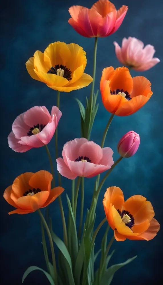 Vibrant And Colorful Flowers Including Pink Purple And Orange Poppies Or Similar Blooms Against A Dark Blue Background 91 48b4