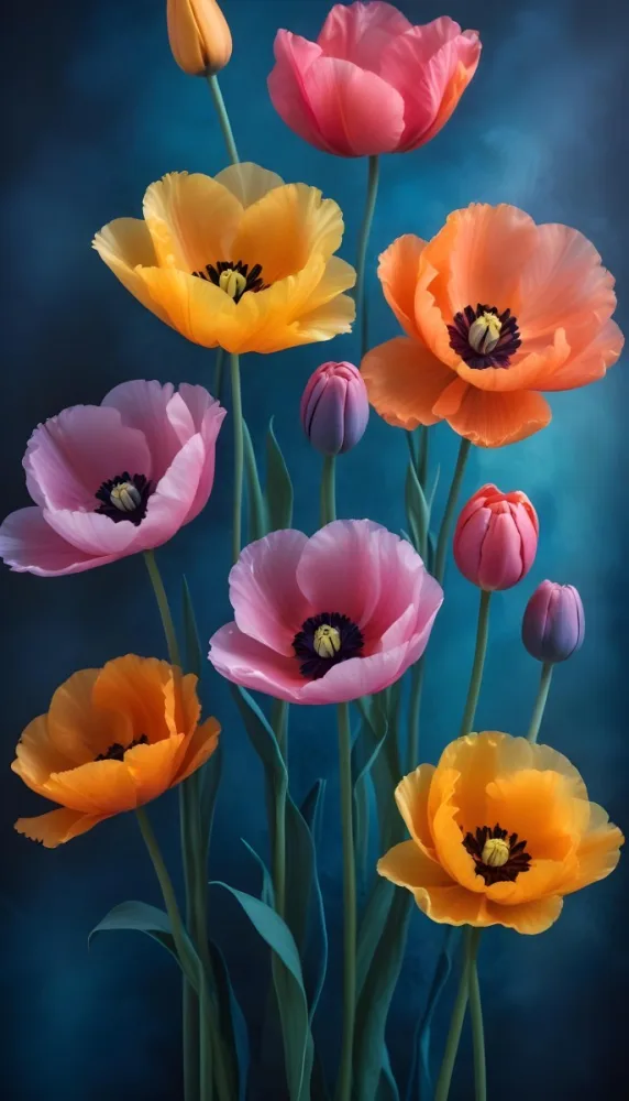 Vibrant And Colorful Flowers Including Pink Purple And Orange Poppies Or Similar Blooms Against A Dark Blue Background 92 1f23
