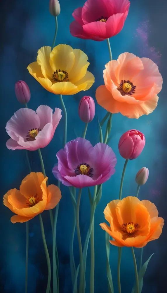 Vibrant And Colorful Flowers Including Pink Purple And Orange Poppies Or Similar Blooms Against A Dark Blue Background 94 7ebf