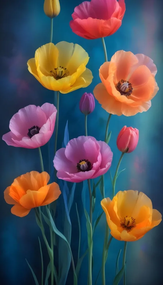 Vibrant And Colorful Flowers Including Pink Purple And Orange Poppies Or Similar Blooms Against A Dark Blue Background 95 1044