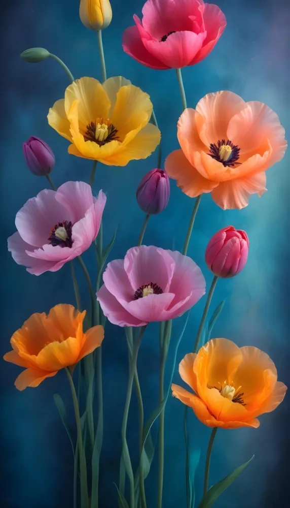 Vibrant And Colorful Flowers Including Pink Purple And Orange Poppies Or Similar Blooms Against A Dark Blue Background 96 3077