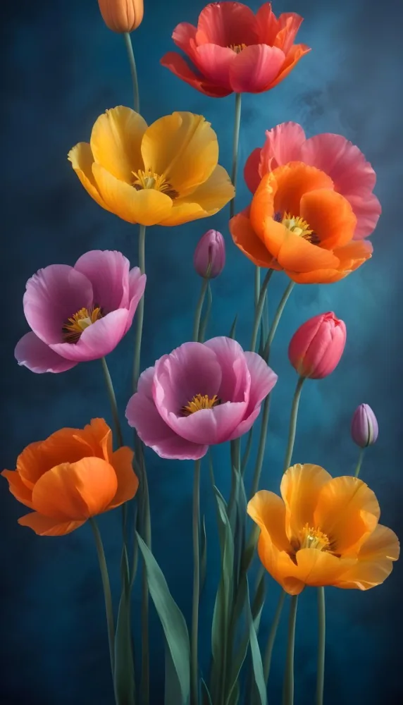 Vibrant And Colorful Flowers Including Pink Purple And Orange Poppies Or Similar Blooms Against A Dark Blue Background 97 671d