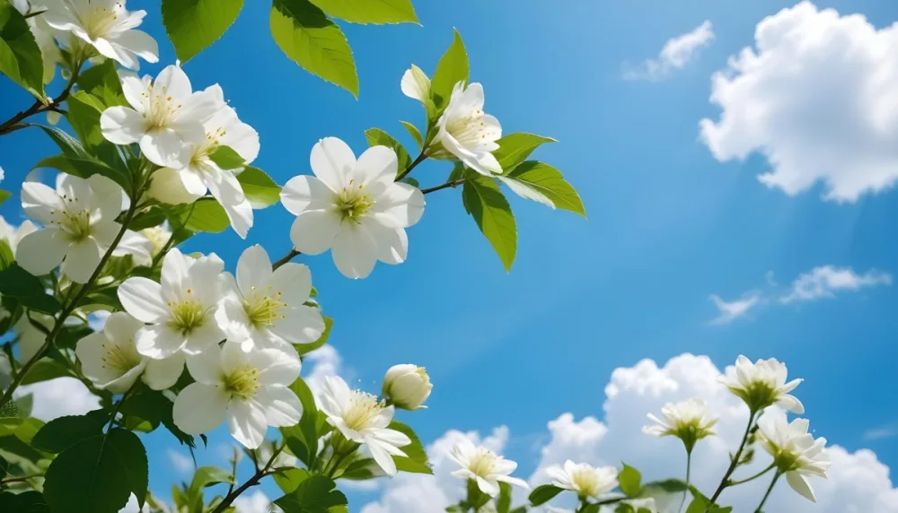 White Flowers With Green Leaves Against A Blue Sky With Clouds 11 8849