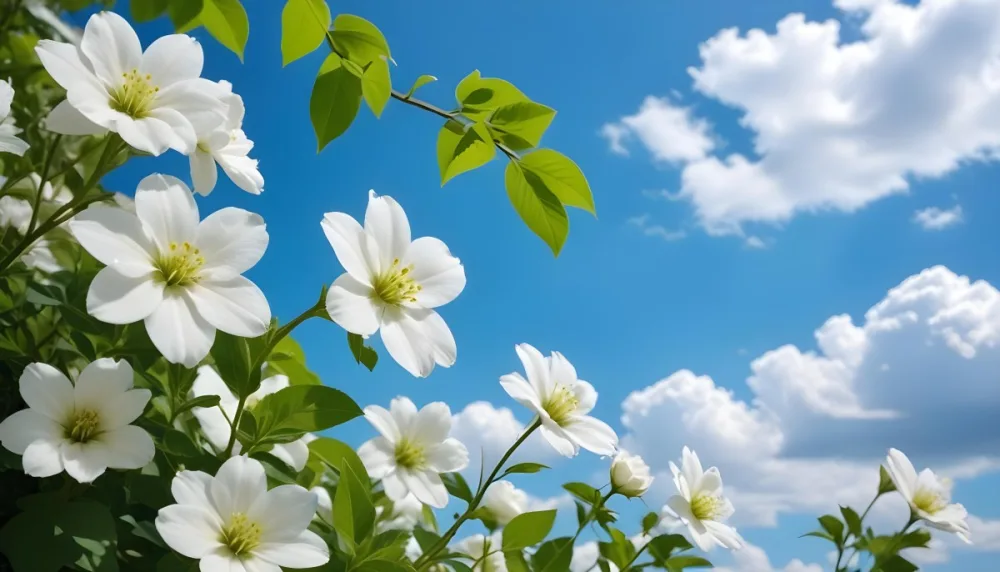 White Flowers With Green Leaves Against A Blue Sky With Clouds 12 B940