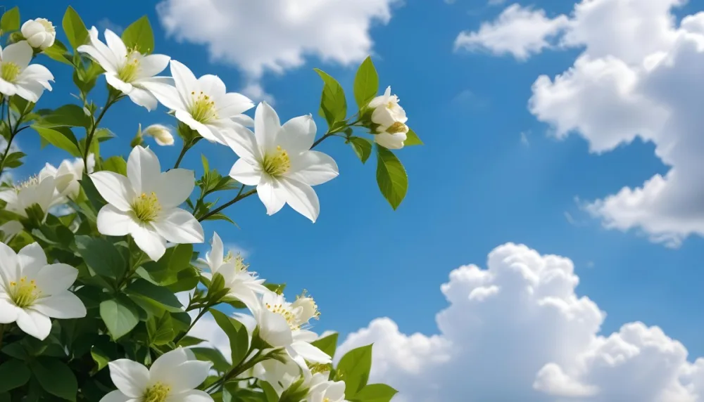 White Flowers With Green Leaves Against A Blue Sky With Clouds 16 E27a