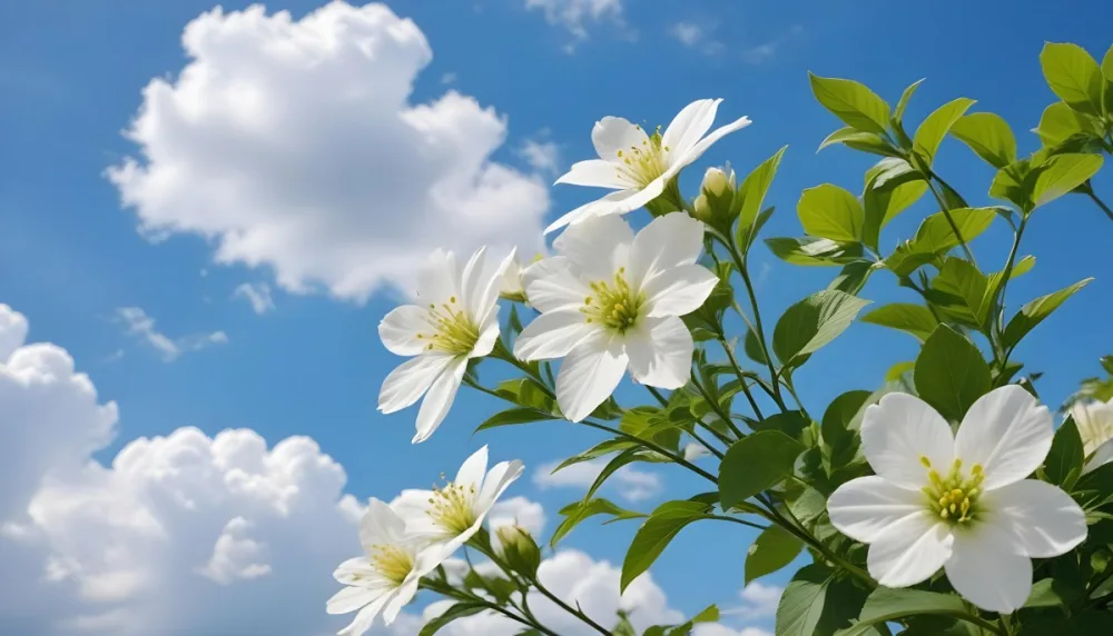 White Flowers With Green Leaves Against A Blue Sky With Clouds 17 4d10
