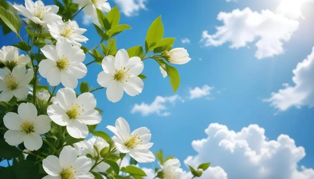 White Flowers With Green Leaves Against A Blue Sky With Clouds 2 6c54