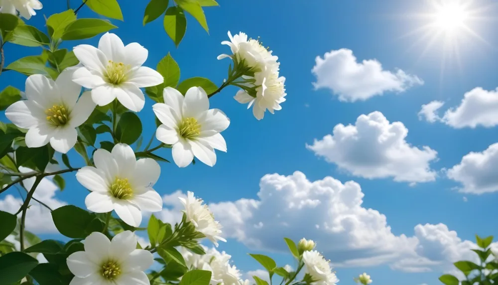 White Flowers With Green Leaves Against A Blue Sky With Clouds 20 54ac