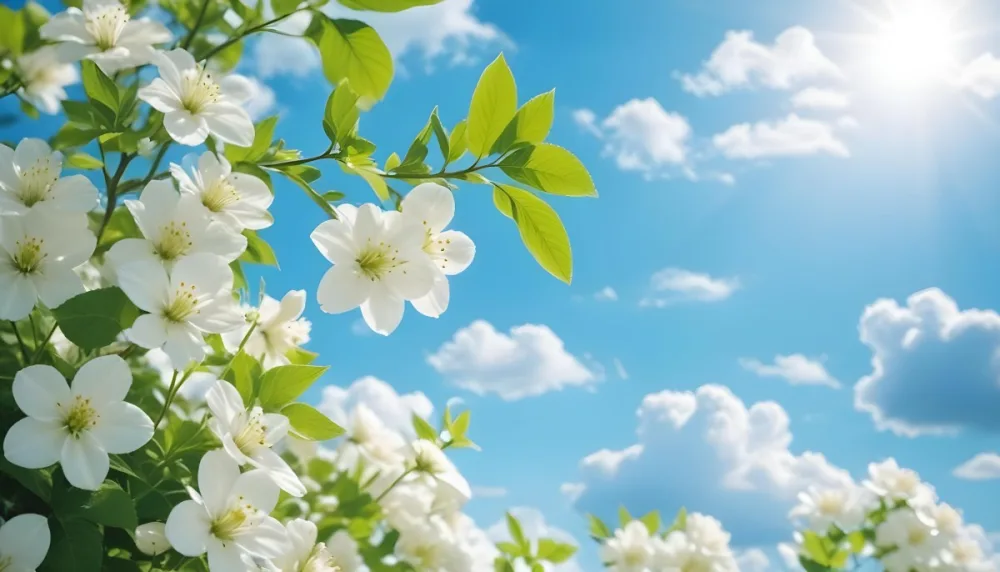 White Flowers With Green Leaves Against A Blue Sky With Clouds 3 75cf