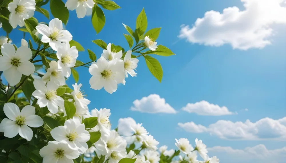 White Flowers With Green Leaves Against A Blue Sky With Clouds 4 52b9