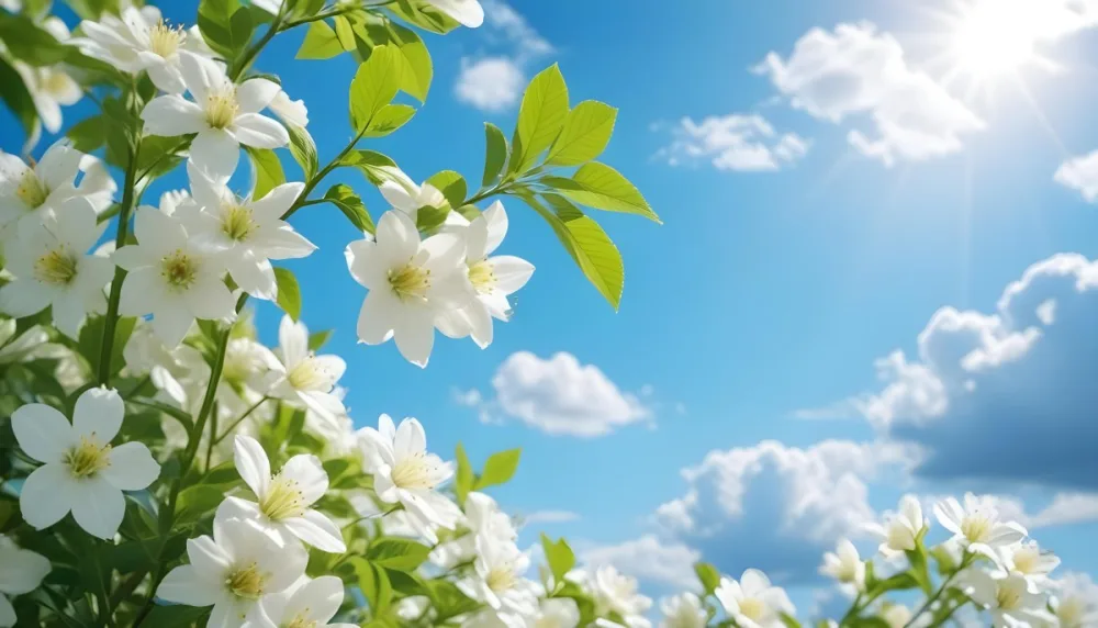 White Flowers With Green Leaves Against A Blue Sky With Clouds 5 C6b6