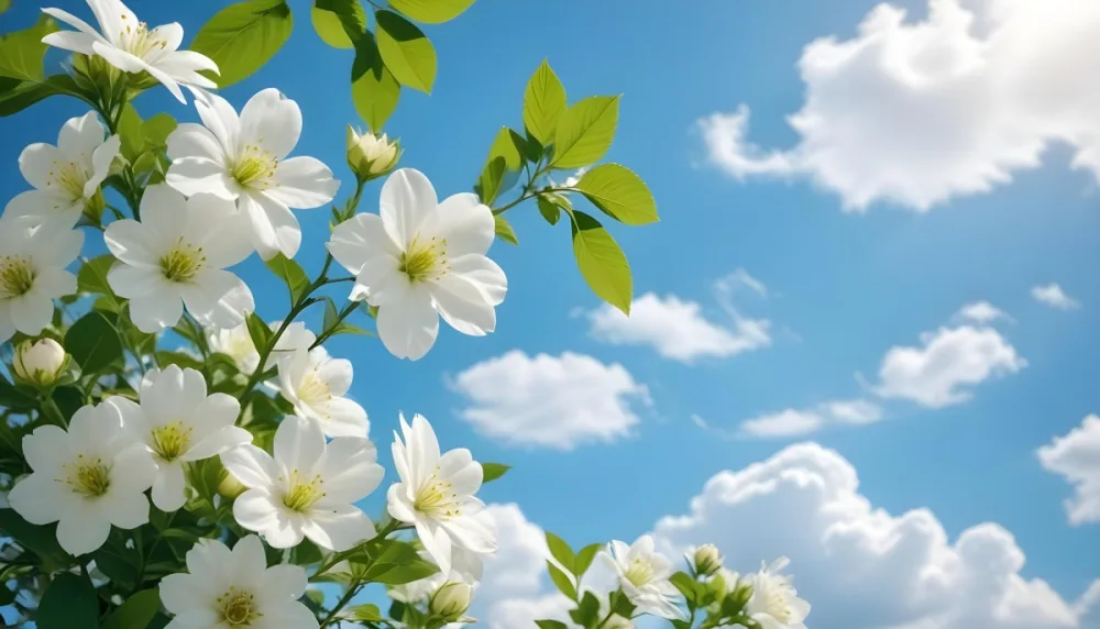 White Flowers With Green Leaves Against A Blue Sky With Clouds 7 0f7c
