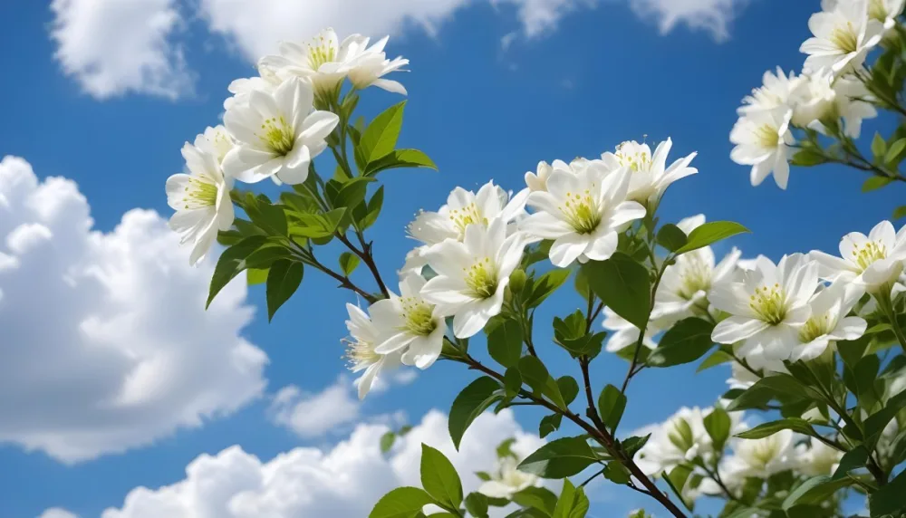 White Flowers With Green Leaves Against A Blue Sky With Clouds 8 Ded6