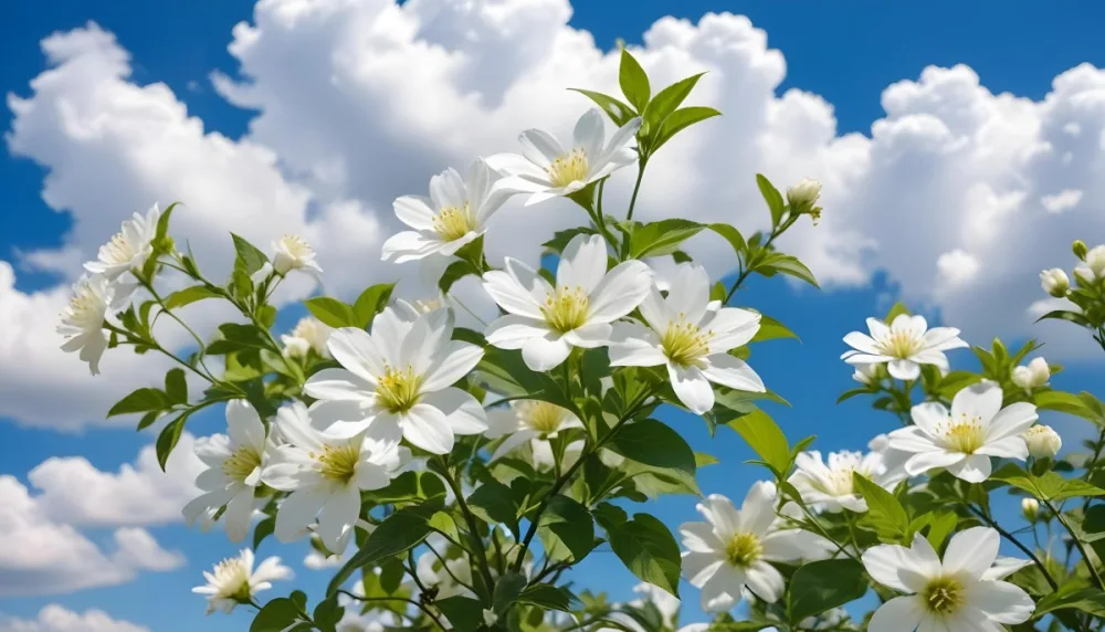 White Flowers With Green Leaves Against A Blue Sky With Clouds 9 32ec