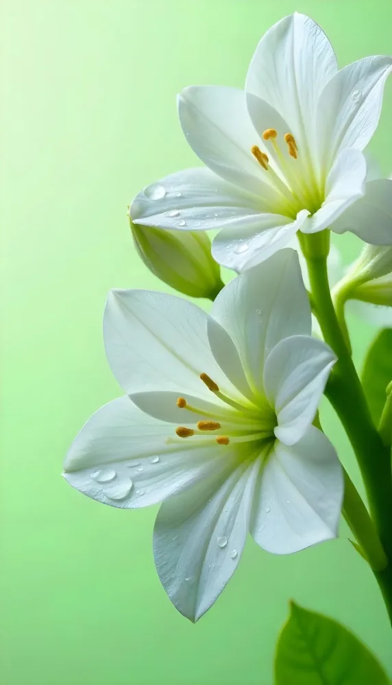 White Flowers With Water Drops On The Petals Green Leaves On The Side Light Green Background Soft Light High Detail Macro Photography 1 0a28
