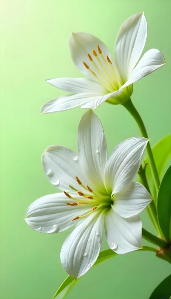 White Flowers With Water Drops On The Petals Green Leaves On The Side Light Green Background Soft Light High Detail Macro Photography 16 41c0