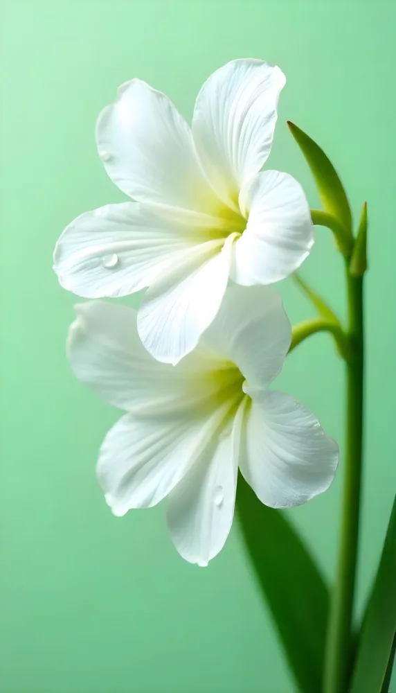 White Flowers With Water Drops On The Petals Green Leaves On The Side Light Green Background Soft Light High Detail Macro Photography 22 5ff1