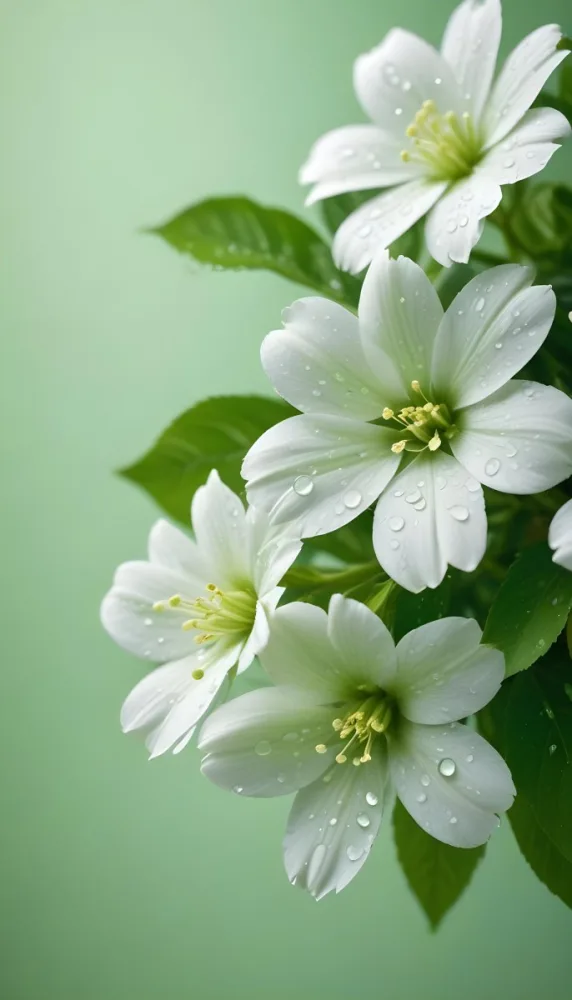 White Flowers With Water Drops On The Petals Green Leaves On The Side Light Green Background Soft Light High Detail Macro Photography 44 1827