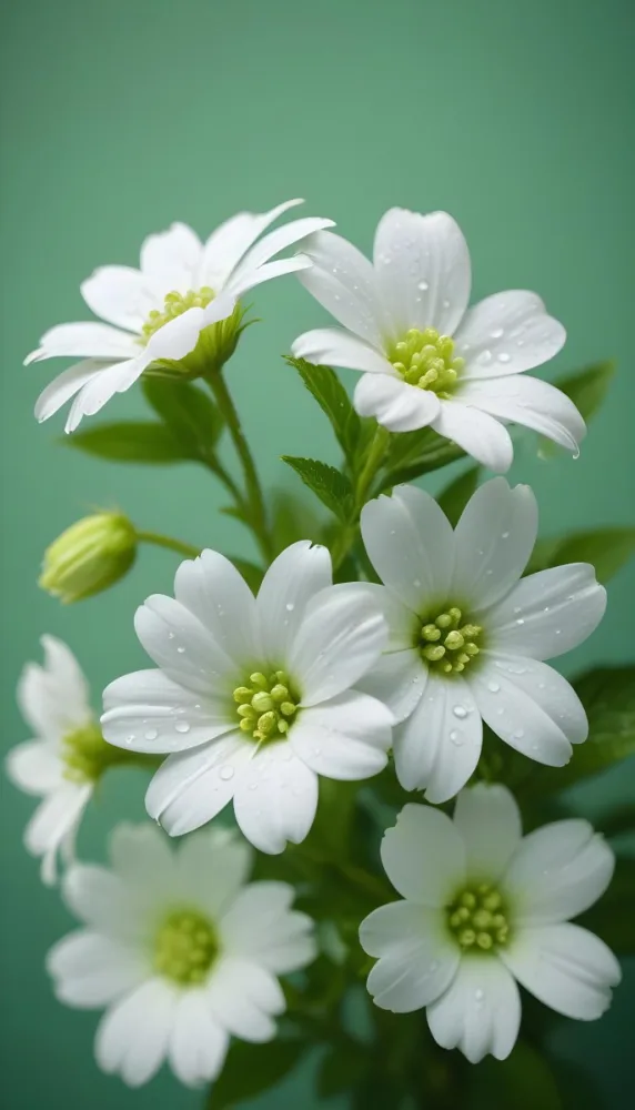 White Flowers With Water Drops On The Petals Green Leaves On The Side Light Green Background Soft Light High Detail Macro Photography 46 87c0
