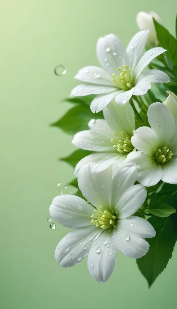 White Flowers With Water Drops On The Petals Green Leaves On The Side Light Green Background Soft Light High Detail Macro Photography 49 C9e3