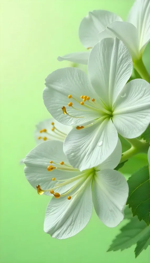 White Flowers With Water Drops On The Petals Green Leaves On The Side Light Green Background Soft Light High Detail Macro Photography 5 Afbc