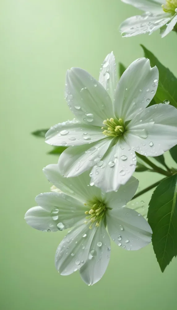 White Flowers With Water Drops On The Petals Green Leaves On The Side Light Green Background Soft Light High Detail Macro Photography 57 B6d9