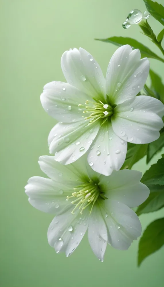 White Flowers With Water Drops On The Petals Green Leaves On The Side Light Green Background Soft Light High Detail Macro Photography 58 797b