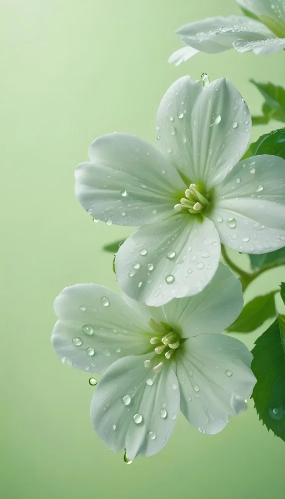 White Flowers With Water Drops On The Petals Green Leaves On The Side Light Green Background Soft Light High Detail Macro Photography 59 572c