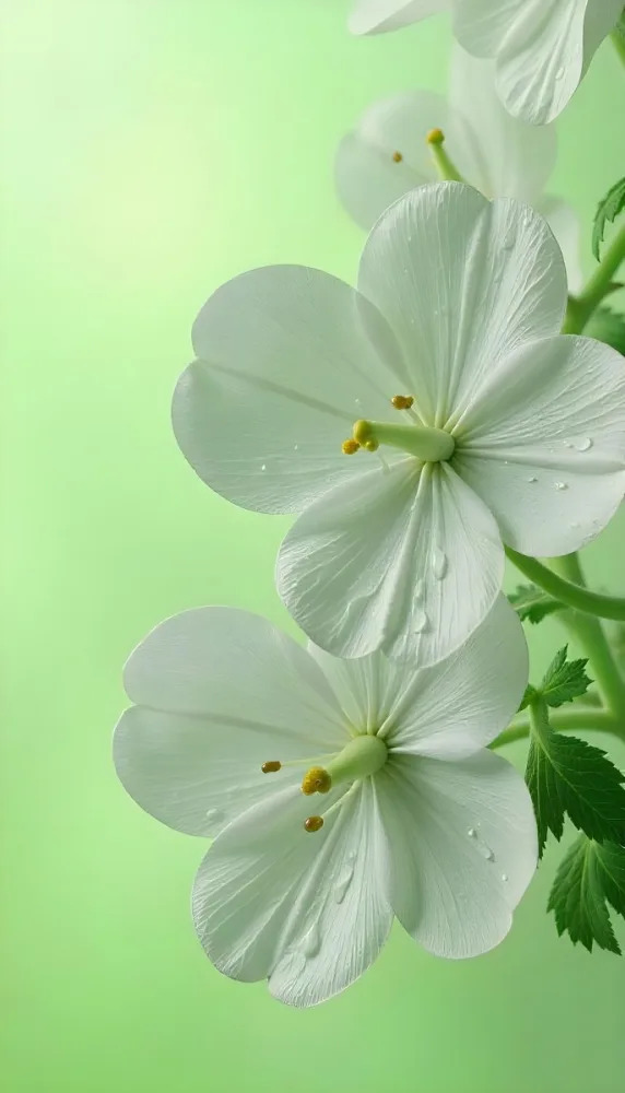 White Flowers With Water Drops On The Petals Green Leaves On The Side Light Green Background Soft Light High Detail Macro Photography 6 5f50