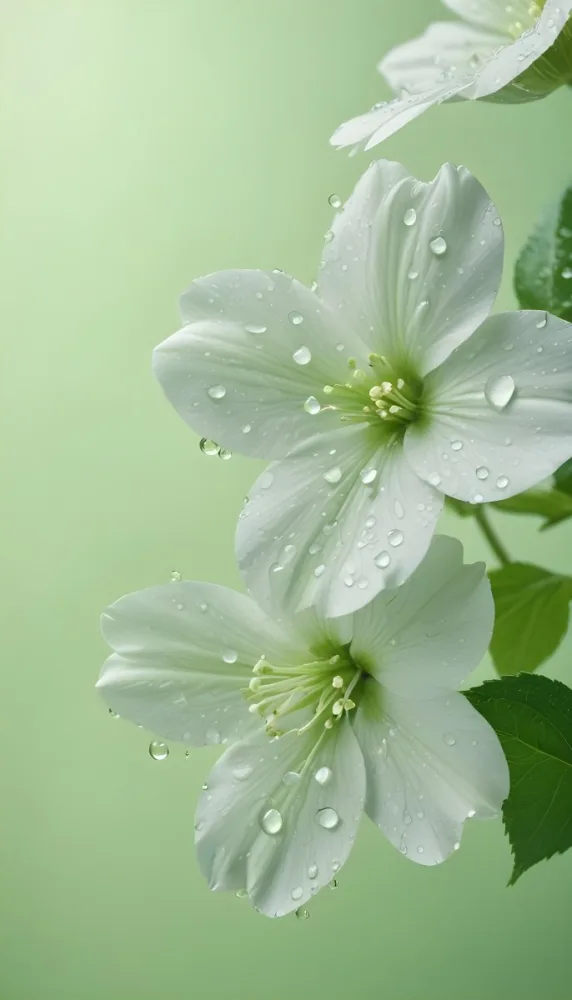 White Flowers With Water Drops On The Petals Green Leaves On The Side Light Green Background Soft Light High Detail Macro Photography 60 Ccf7